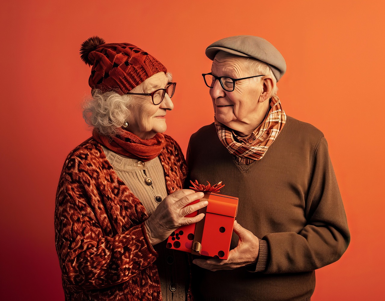 An elderly couple exchanging gifts | Caring for someone with dementia at Christmas | Strensall Day Care Centre respite care in the holidays